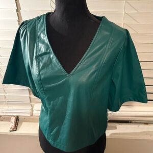 NSR Teal Faux-Leather V-Neck Flutter Sleeve Top